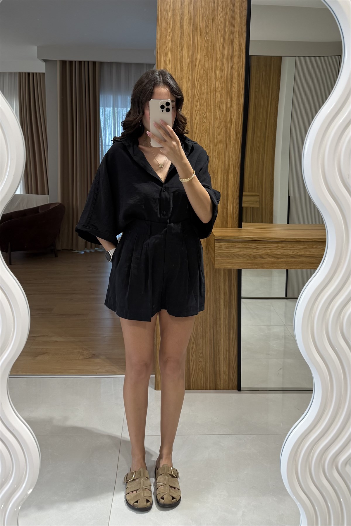Klara Siyah Tensel Şort Gömlek Takım