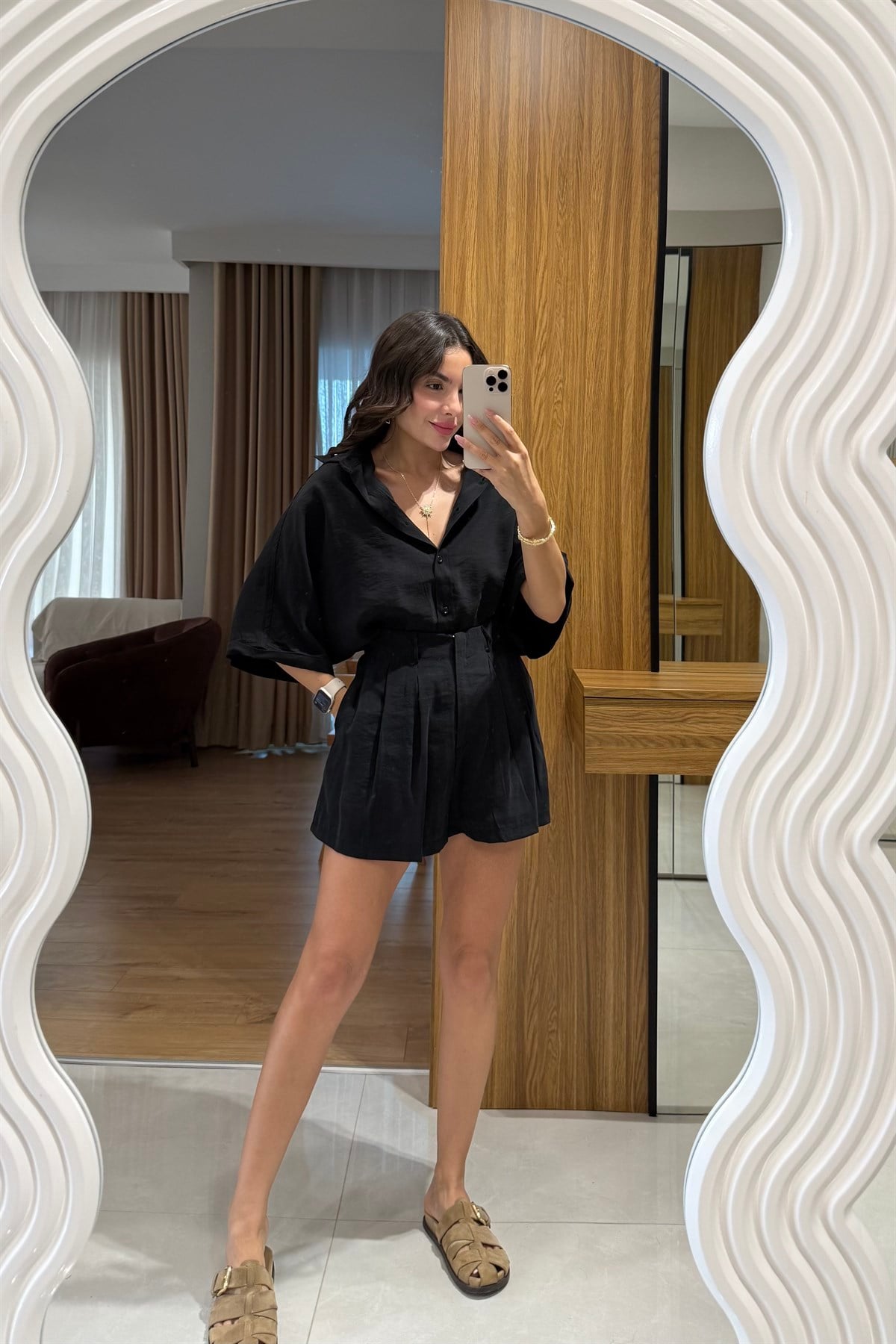 Klara Siyah Tensel Şort Gömlek Takım