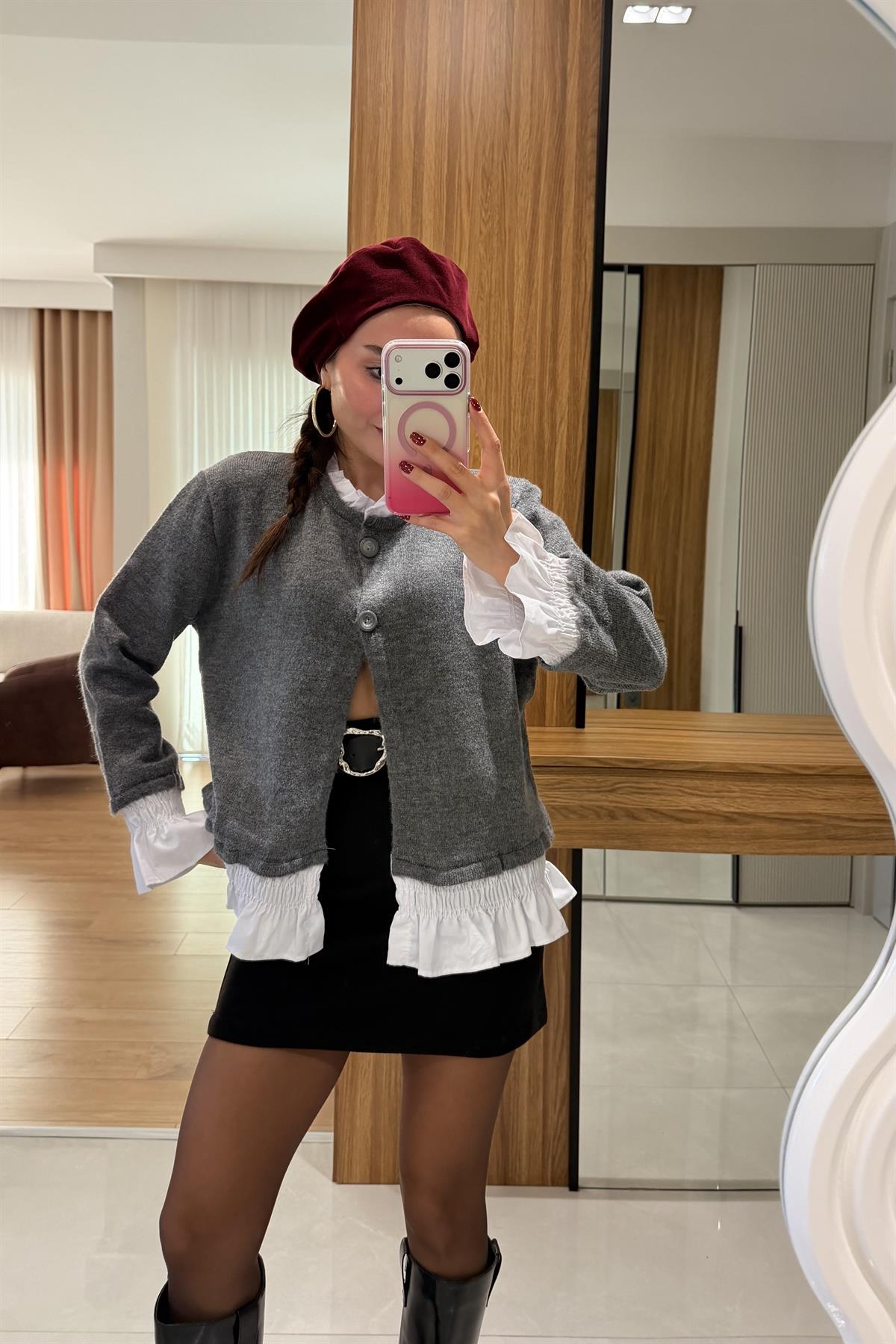 Klary Gri Poplin Detaylı Hırka 