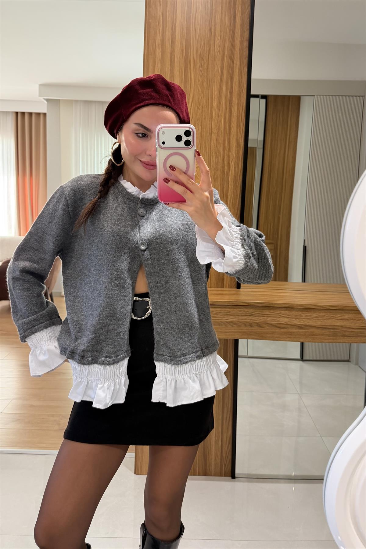 Klary Gri Poplin Detaylı Hırka 