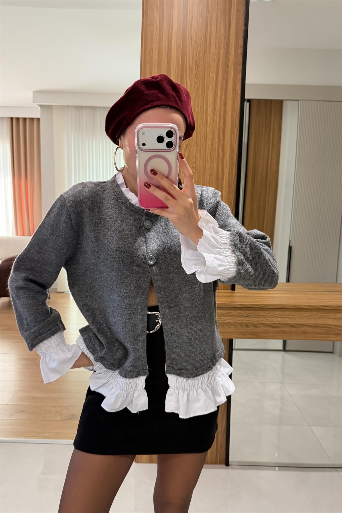 Klary Gri Poplin Detaylı Hırka 