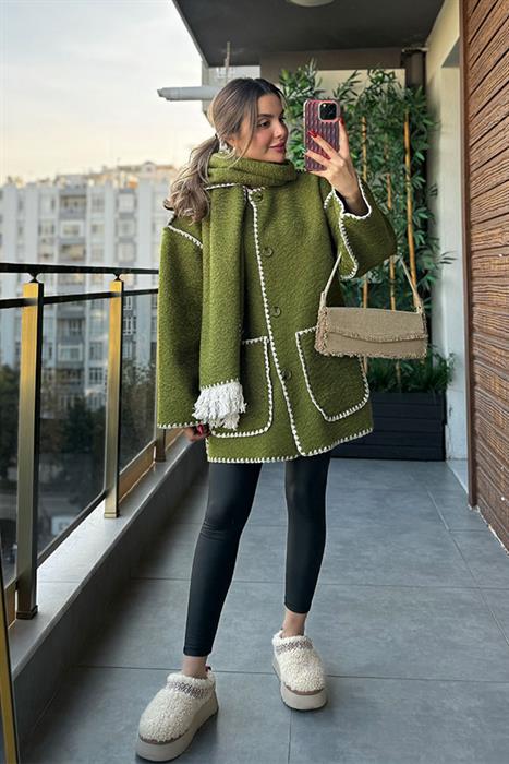 Kloch Kendinden Atkılı Premium Kaşe Kaban - Fıstık Yeşil