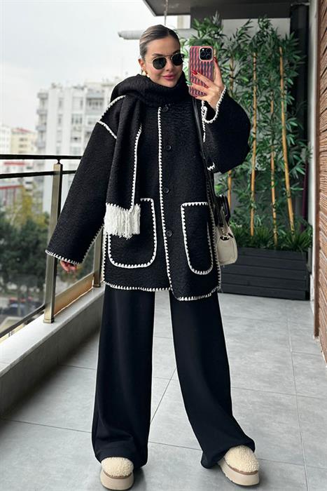 Kloch Kendinden Atkılı Premium Kaşe Kaban - Siyah