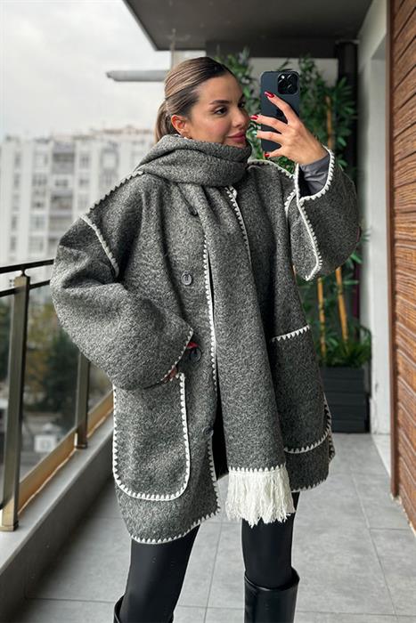 Kloch Kendinden Atkılı Premium Kaşe Kaban - Gri