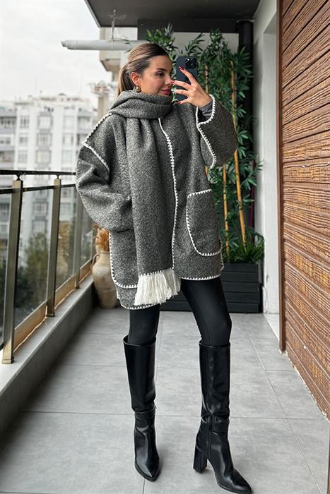 Kloch Kendinden Atkılı Premium Kaşe Kaban - Gri