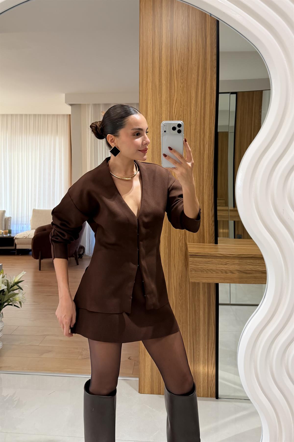 Knit Acı Kahve Belden Oturtmalı Triko Takım