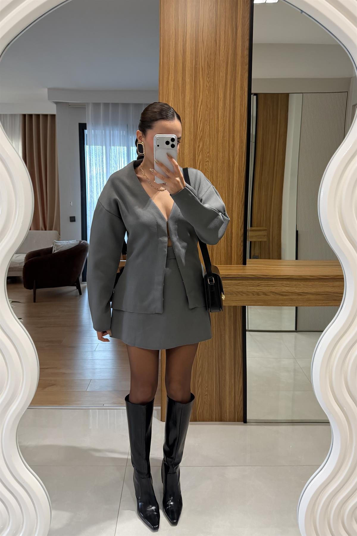 Knit Gri Belden Oturtmalı Triko Takım