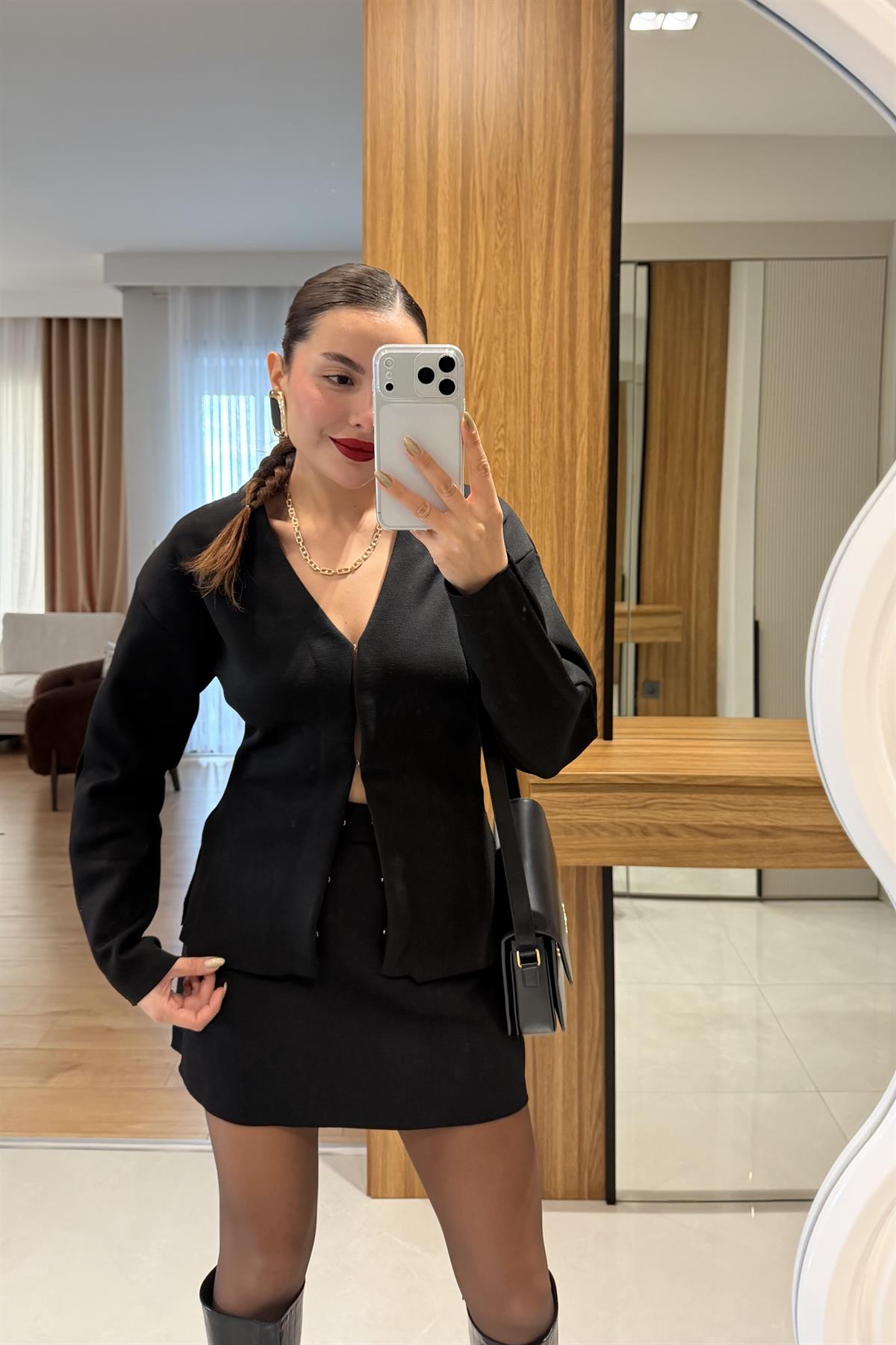 Knit Siyah Belden Oturtmalı Triko Takım