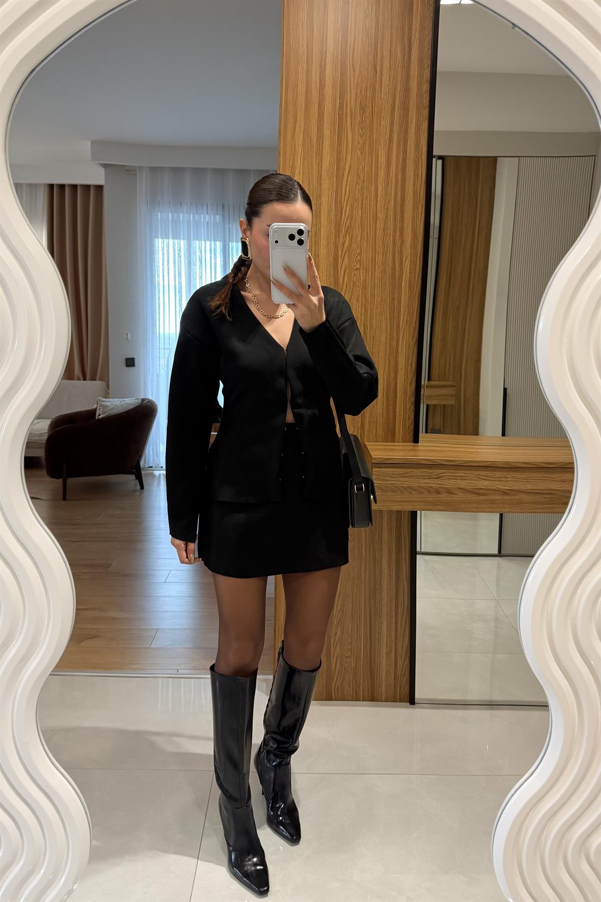 Knit Siyah Belden Oturtmalı Triko Takım