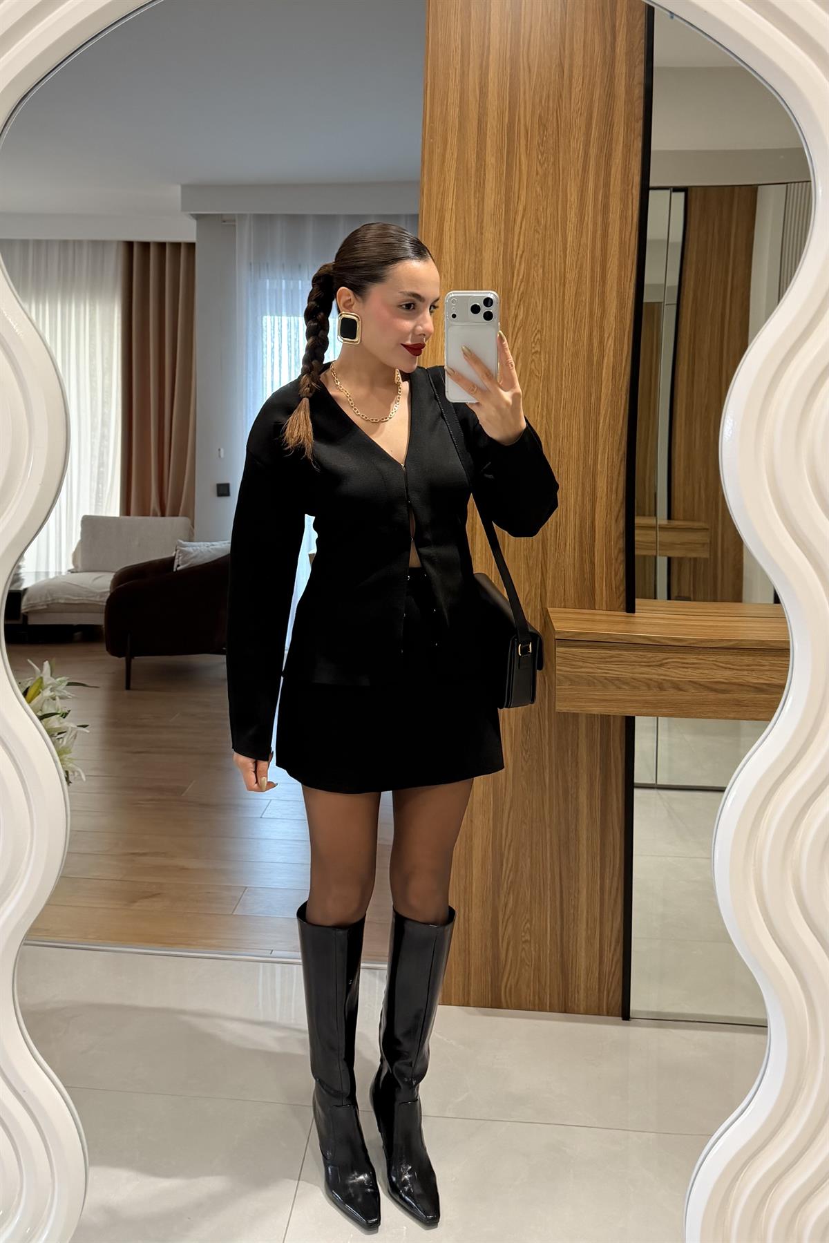 Knit Siyah Belden Oturtmalı Triko Takım