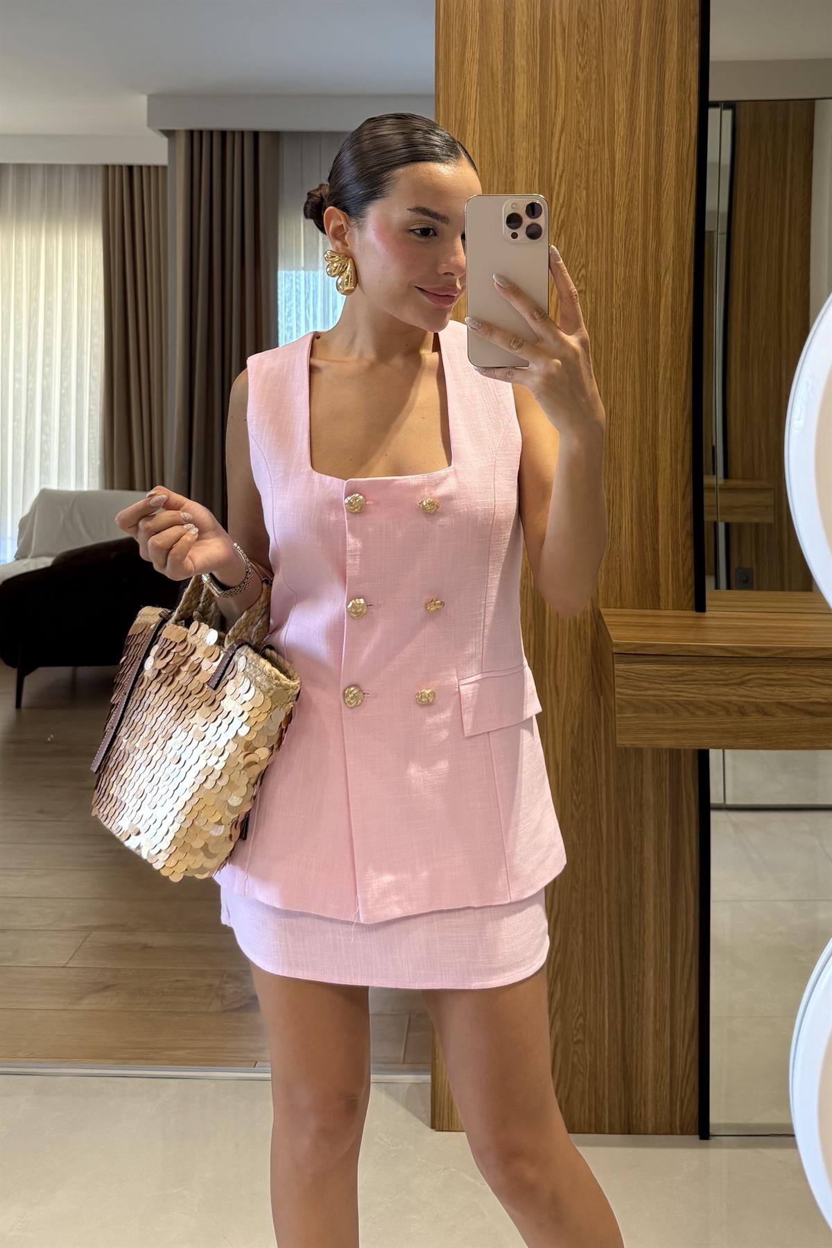 Kokia Pembe Gold Düğmeli Yelek Etek Takım