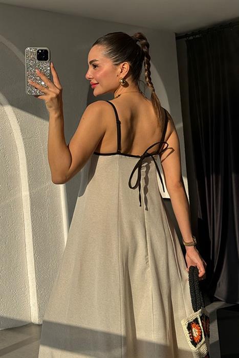 Kolina Siyah Şeritli Keten Elbise