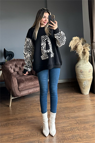 Kolları zebra desen A harfli sweat