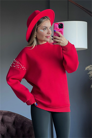 Kolu taş işlemeli kırmızı sweat