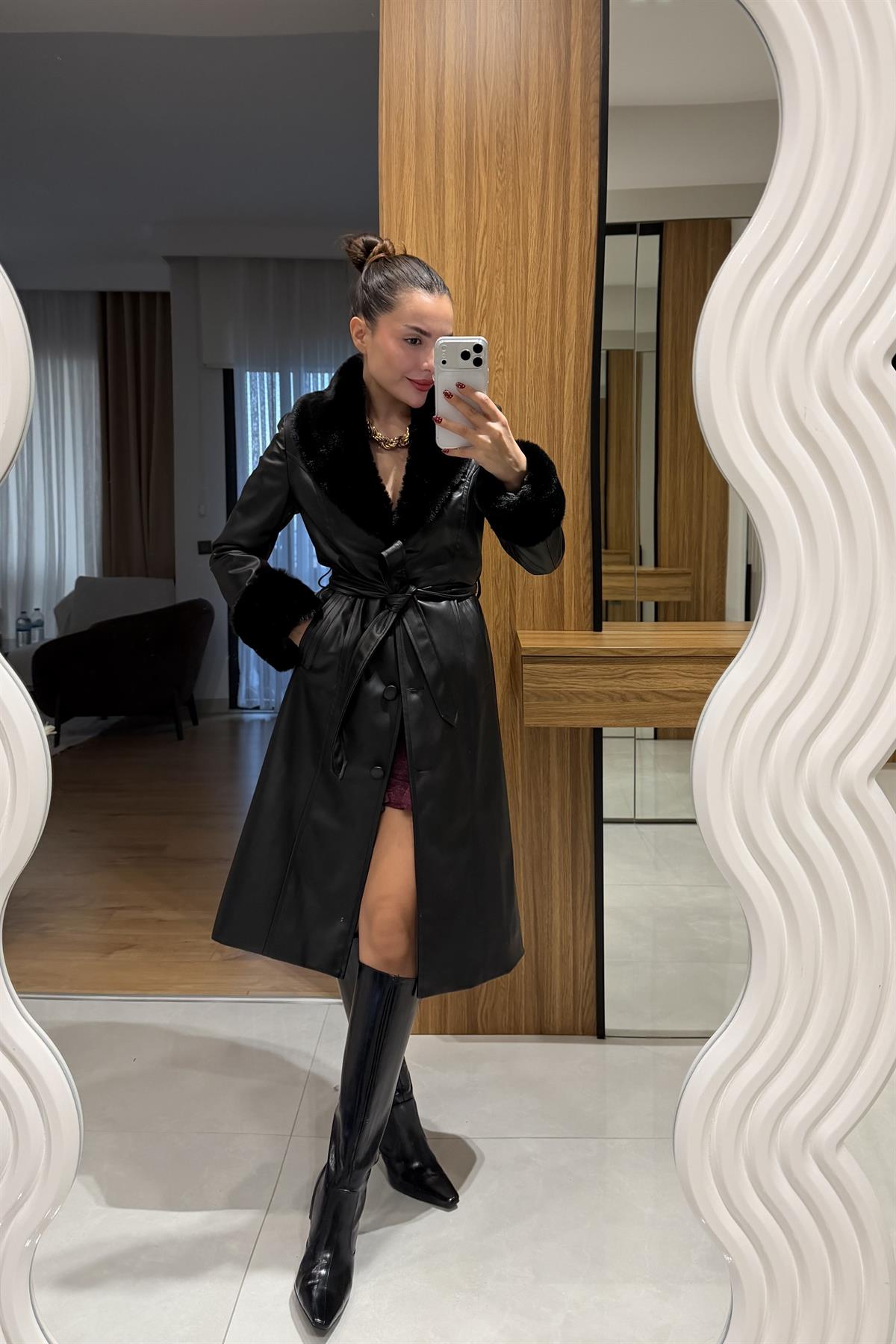 Korel Deri Kürk Detaylı Premium Trenç