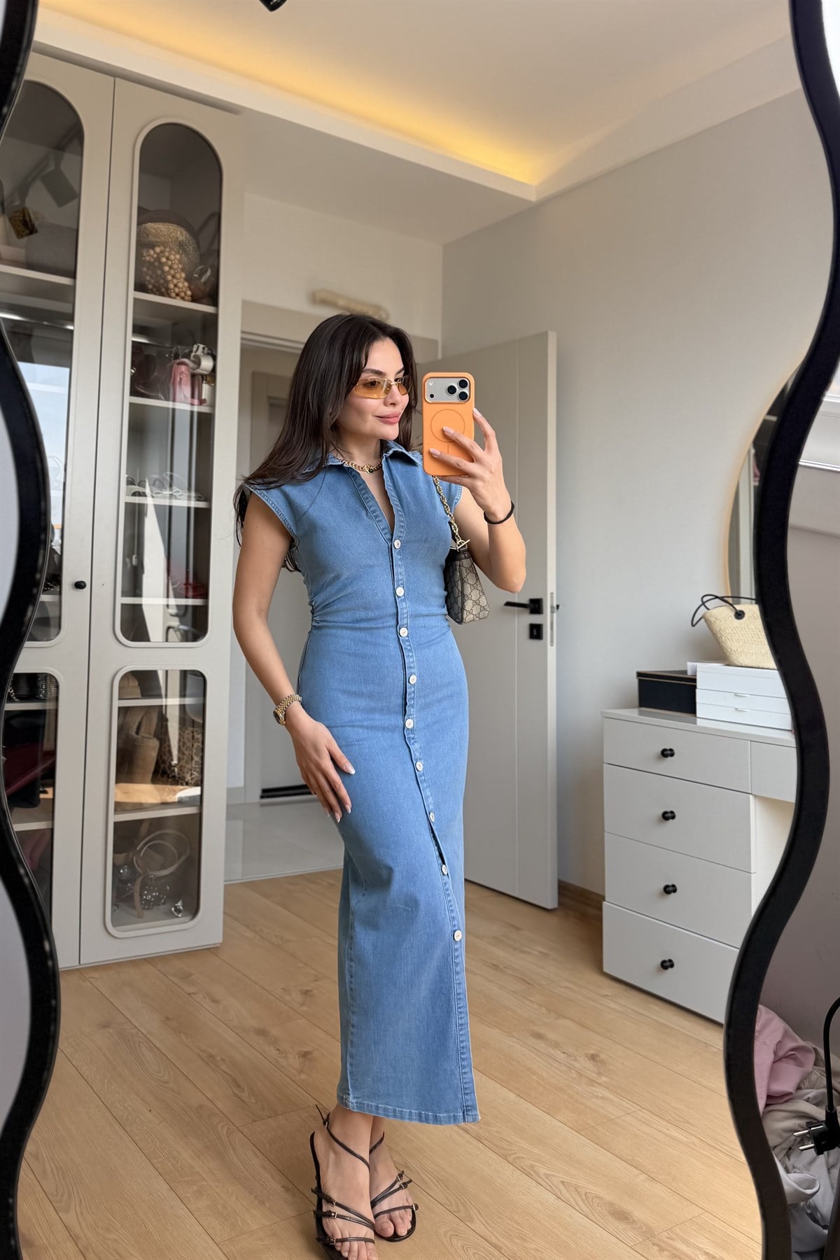 Kowski Lightblue Belden Oturmalı Denim Elbise