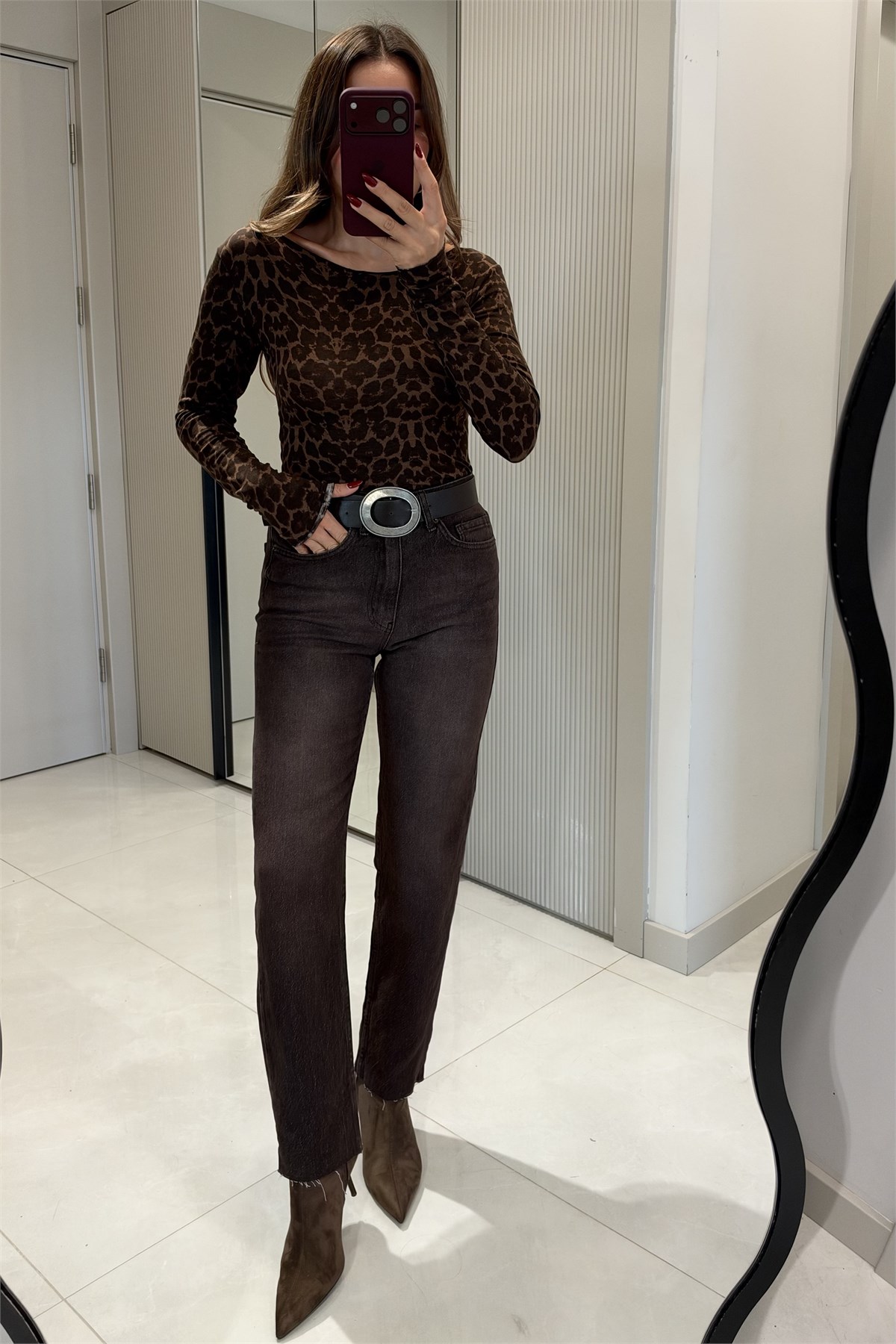 Kraus Kahve Yıkama Yüksek Bel Straight  Jean