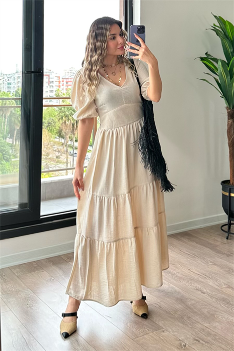 Krem karpuz kol keten elbise