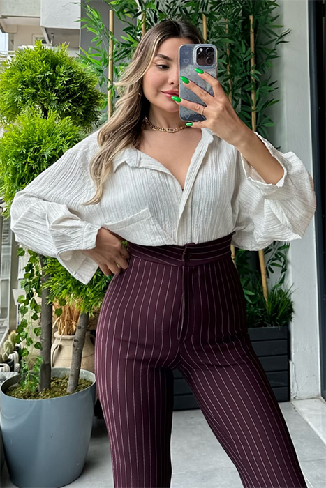 Krem keten piliseli gömlek