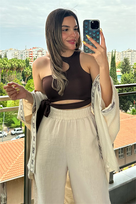 Krem nakışlı kimono