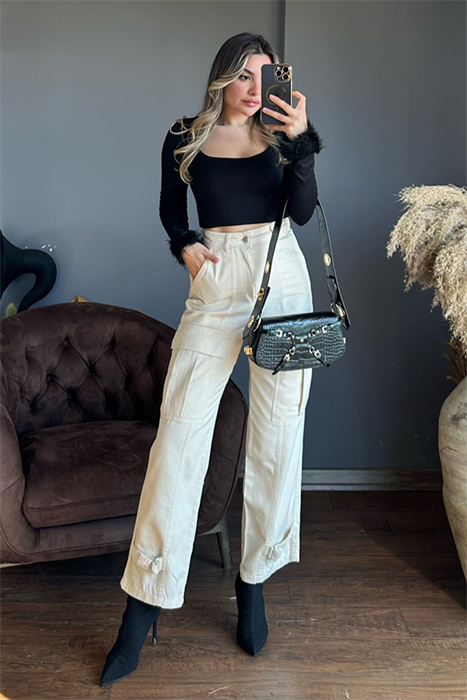 Krem rengi cepli kargo pantolon