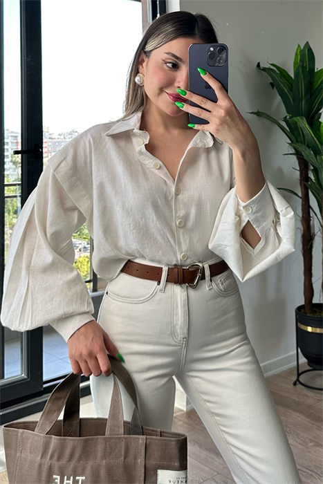 Krem renk vatkalı crop gömlek
