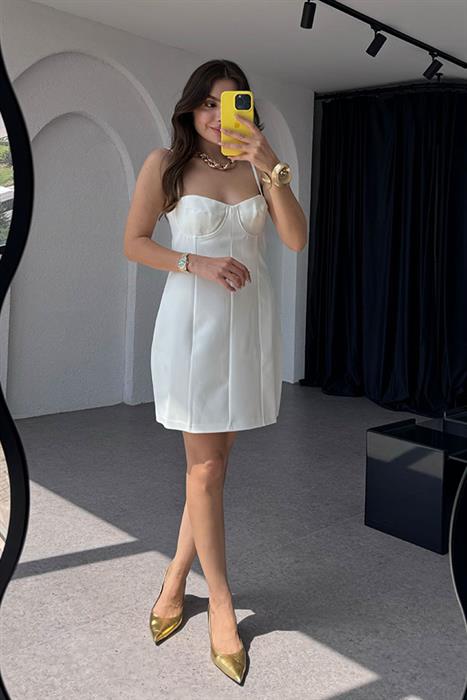 La Lune Askılı Mini Beyaz Elbise