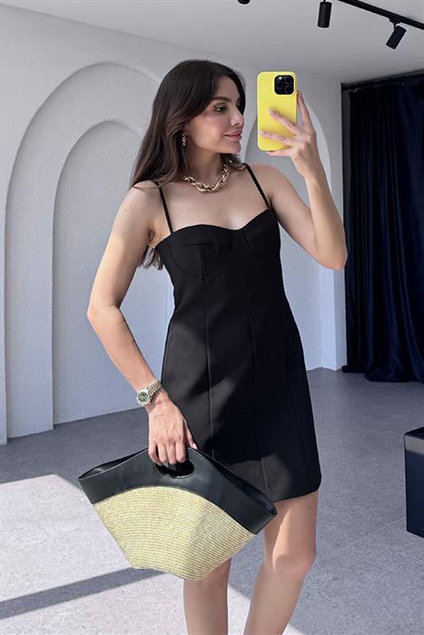 La Lune Askılı Mini Siyah Elbise