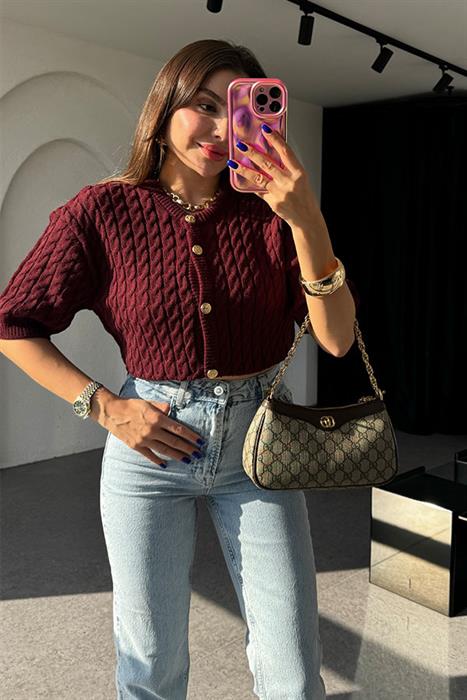 La Mode Saç Örgülü Bordo Hırka