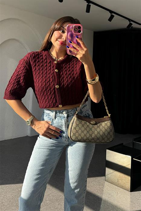 La Mode Saç Örgülü Bordo Hırka