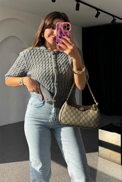 La Mode Saç Örgülü Gri Hırka