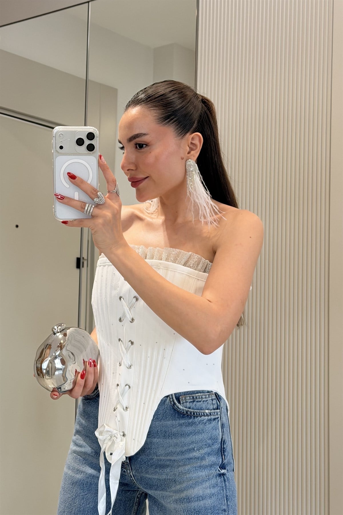 Labella Beyaz Silver Detaylı Korse Büstiyer