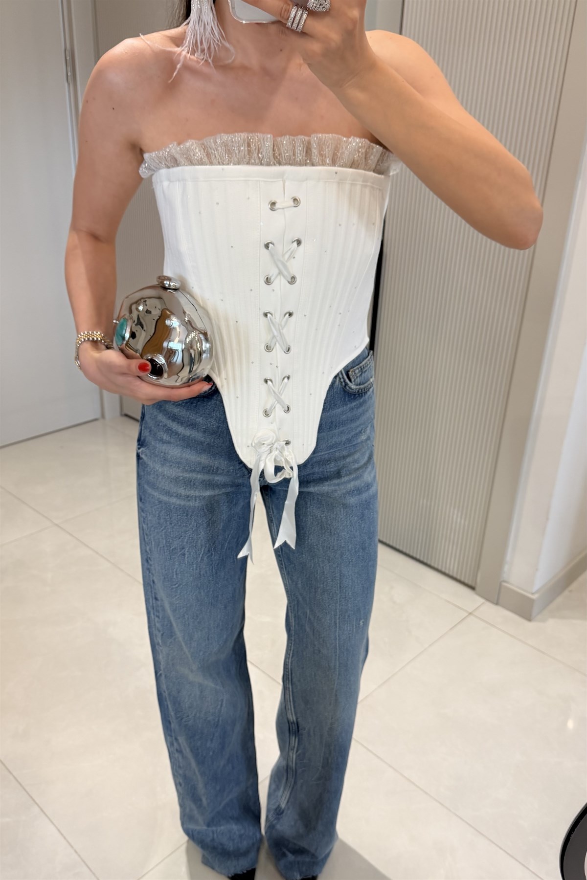 Labella Beyaz Silver Detaylı Korse Büstiyer