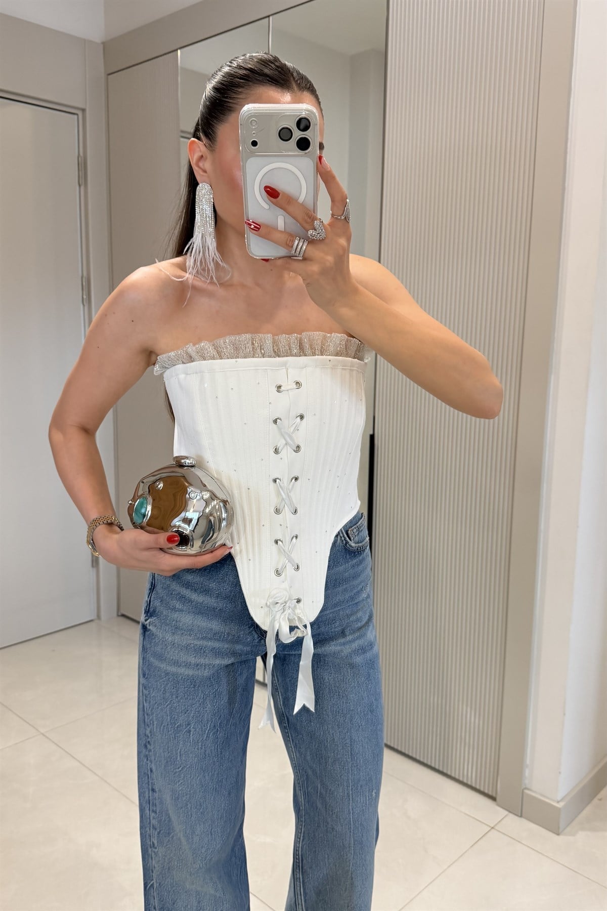 Labella Beyaz Silver Detaylı Korse Büstiyer