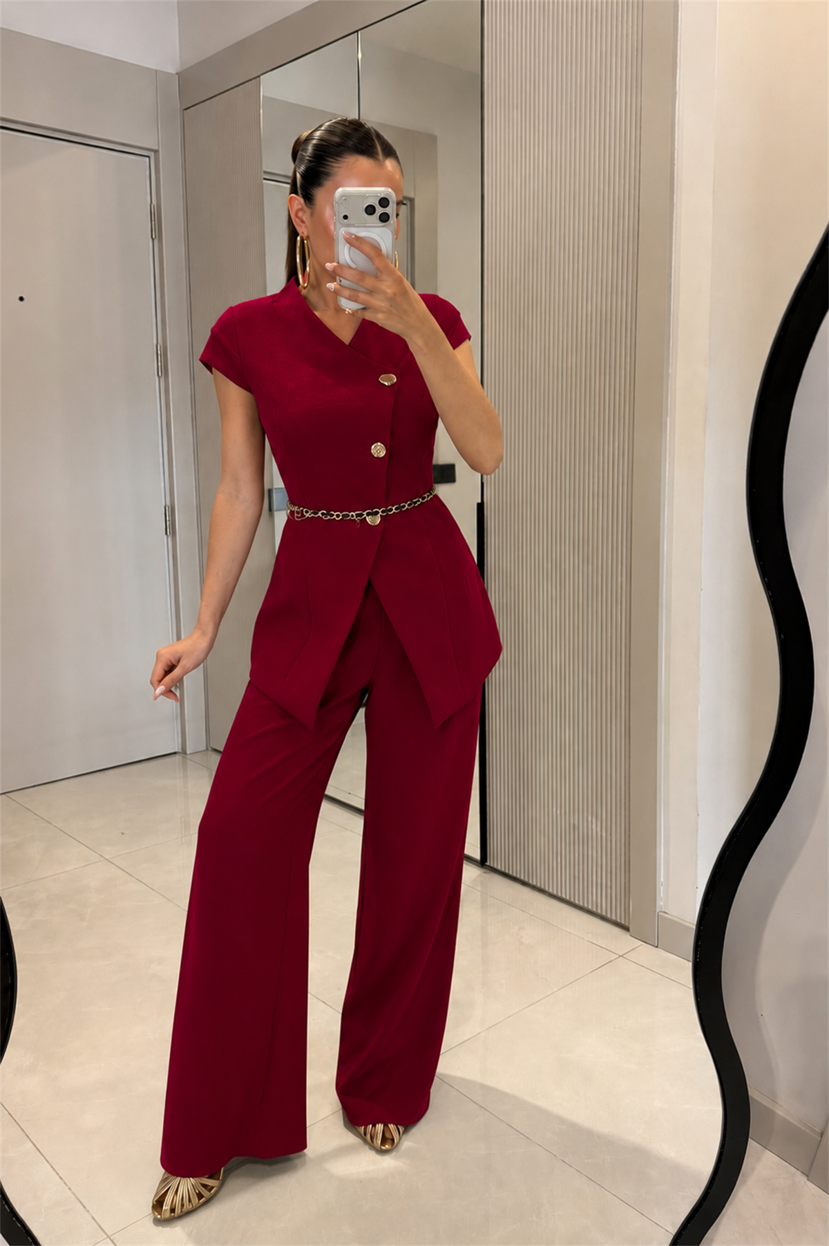 Lacerta Bordo Gold Düğmeli Kemerli Premium Takım