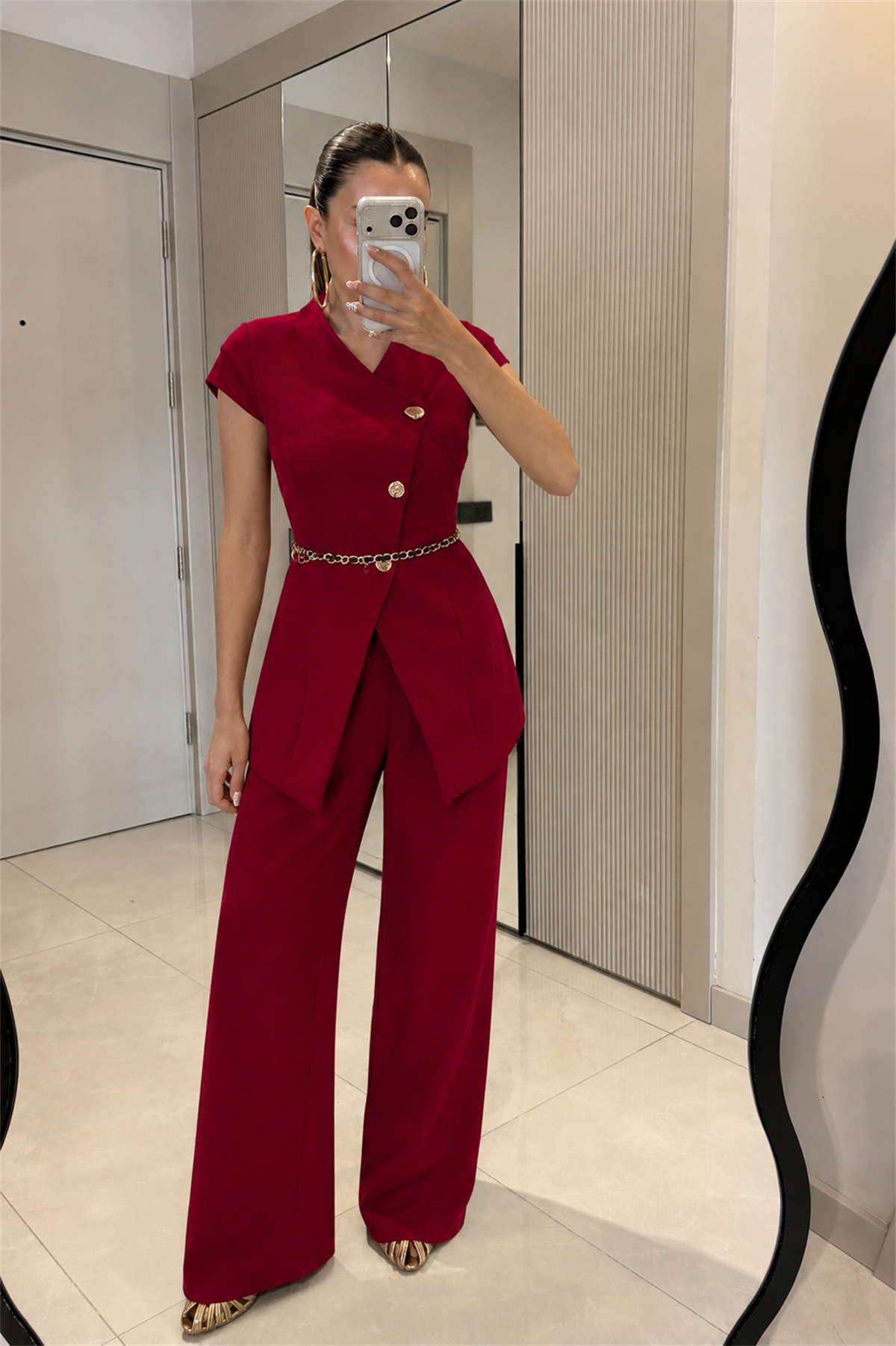 Lacerta Bordo Gold Düğmeli Kemerli Premium Takım