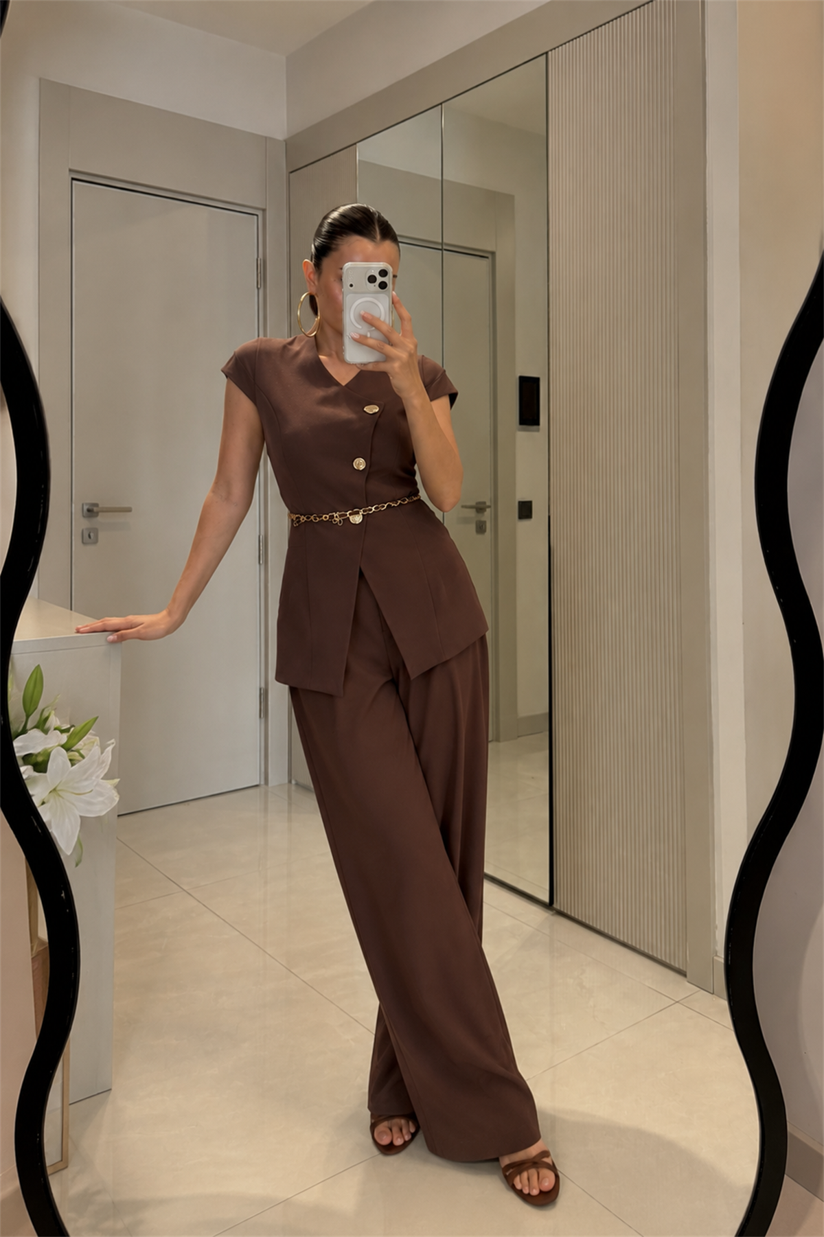 Lacerta Kahve Gold Düğmeli Kemerli Premium Takım