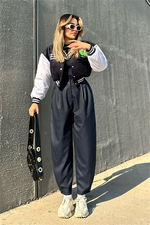 Lacivert çizgili slouchy pantolon