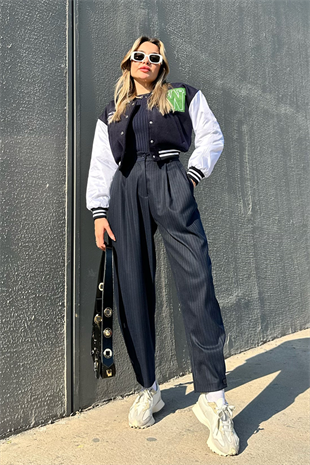 Lacivert çizgili slouchy pantolon