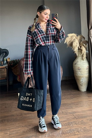 Lacivert pens detaylı slouchy pantolon