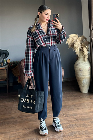 Lacivert pens detaylı slouchy pantolon