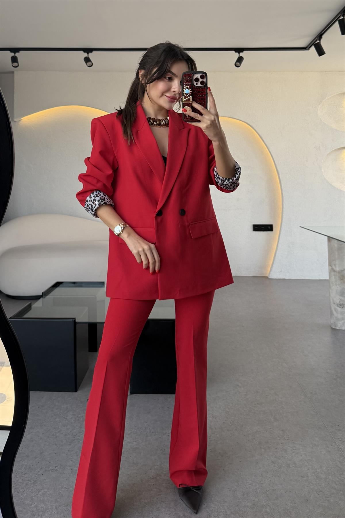 Ladies Ultra Yüksek Bel Kırmızı İspanyol Pantolon