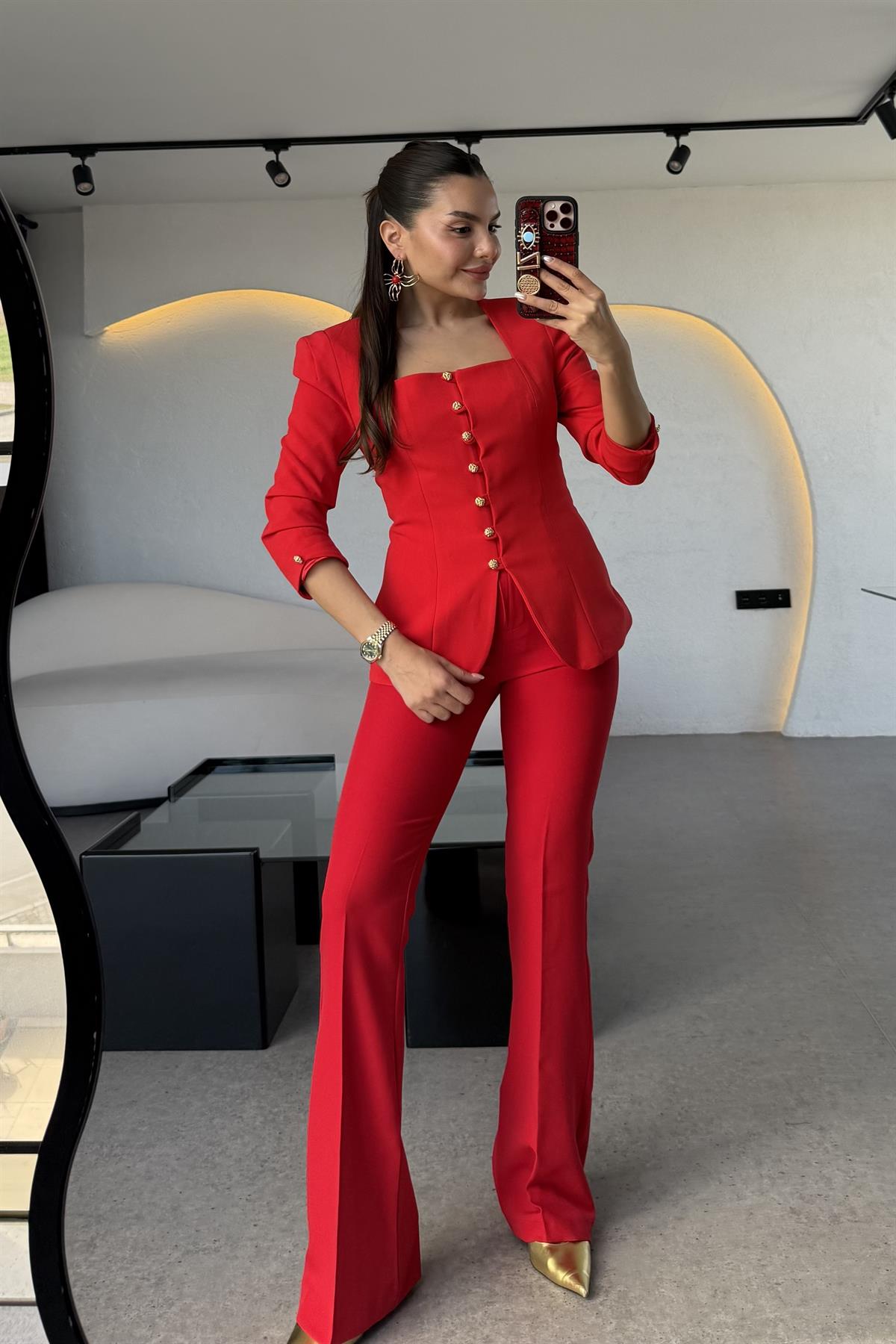 Ladies Ultra Yüksek Bel Kırmızı İspanyol Pantolon