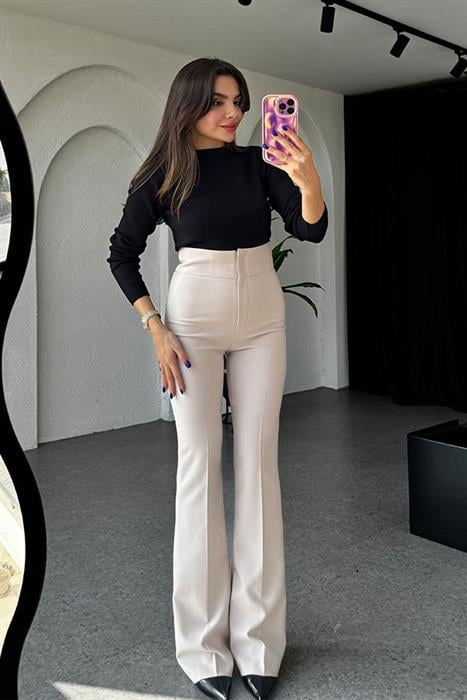 Ladies Ultra Yüksek Bel Krem İspanyol Pantolon