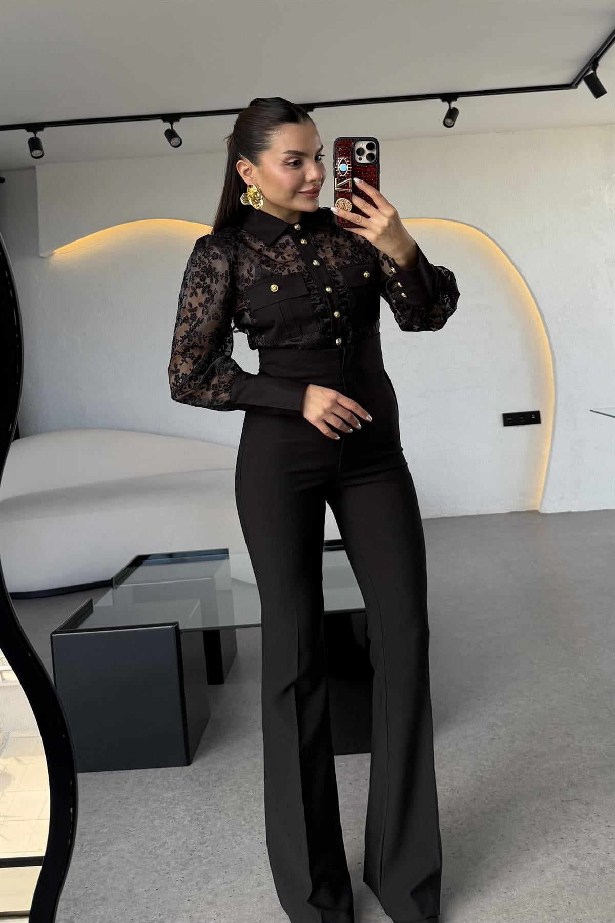 Ladies Ultra Yüksek Bel Siyah İspanyol Pantolon