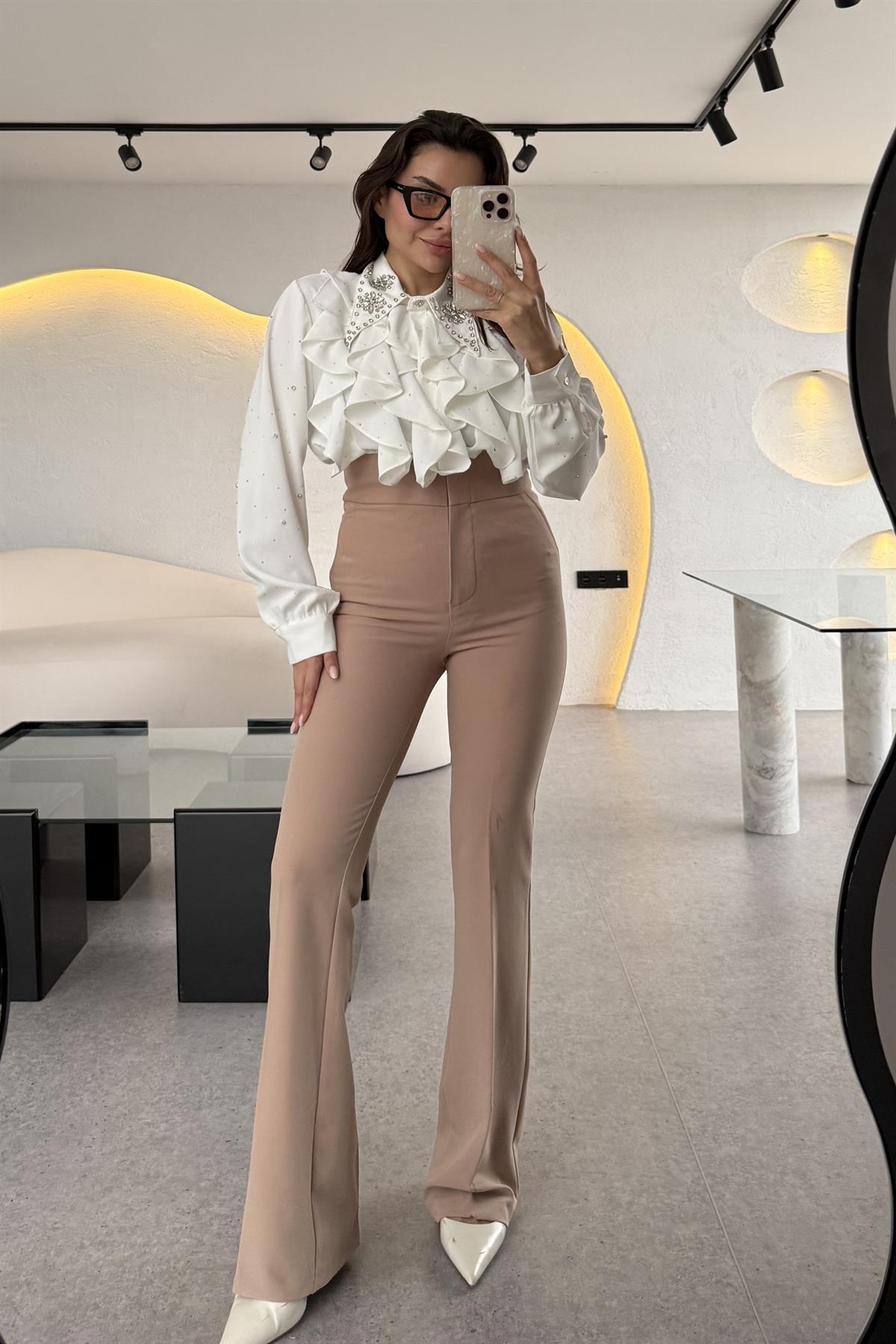 Ladies Ultra Yüksek Bel Sütlü Kahve İspanyol Pantolon