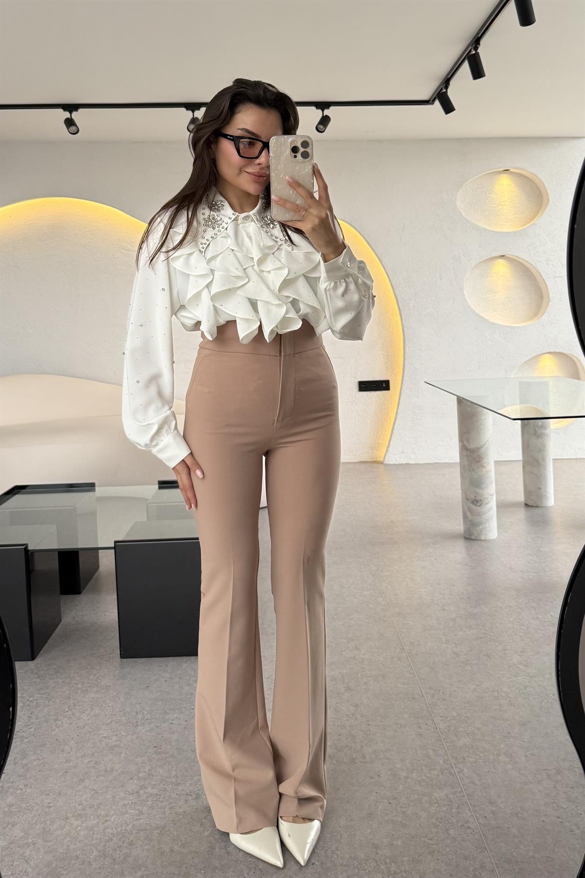 Ladies Ultra Yüksek Bel Sütlü Kahve İspanyol Pantolon
