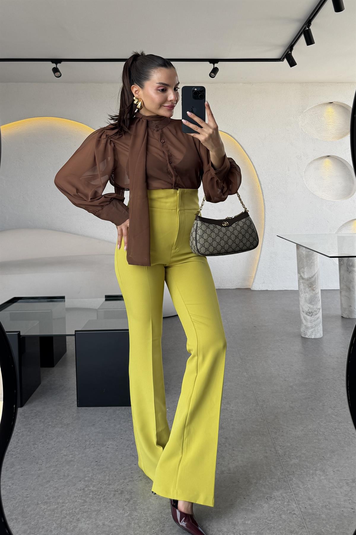 Ladies Ultra Yüksek Bel Yağ Yeşili İspanyol Pantolon