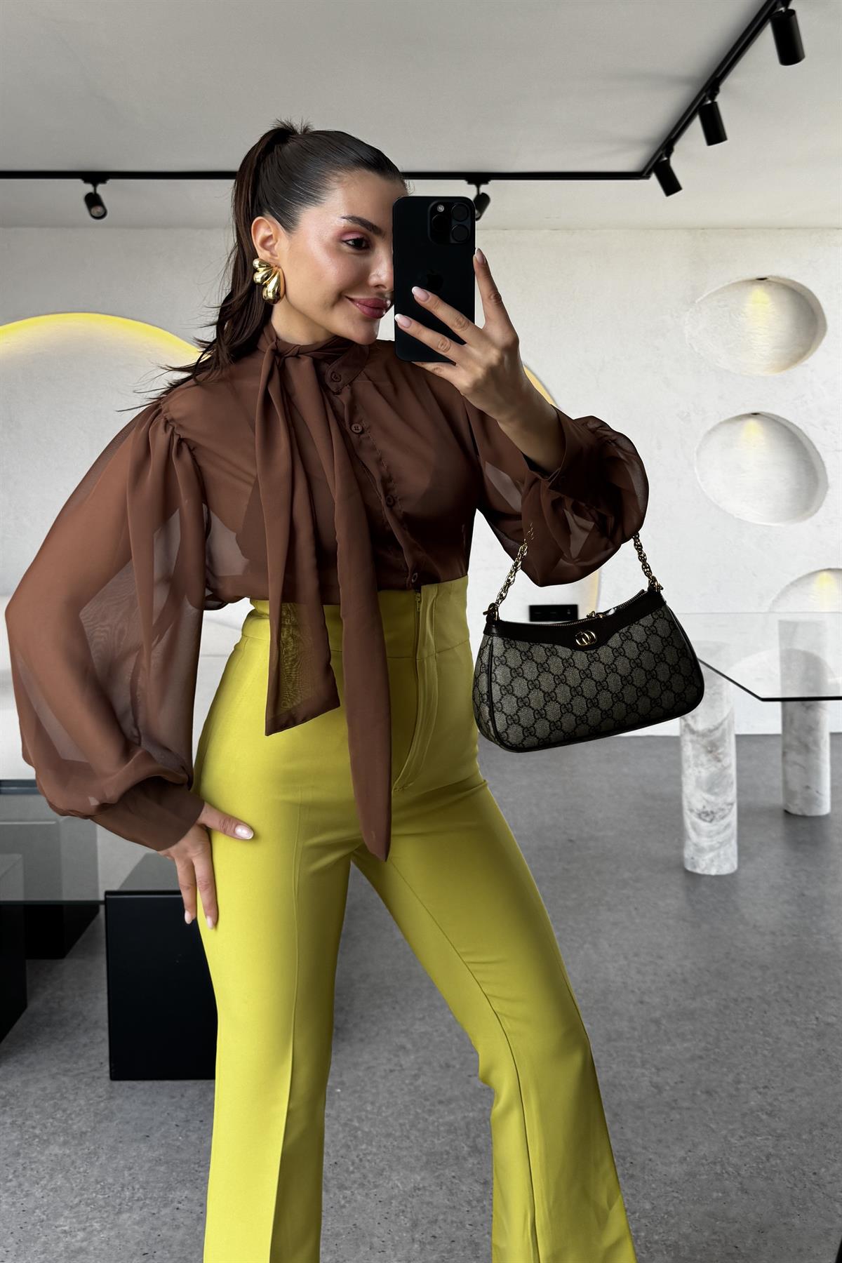 Ladies Ultra Yüksek Bel Yağ Yeşili İspanyol Pantolon