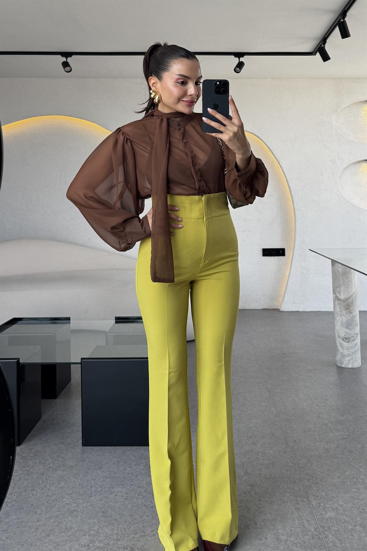 Ladies Ultra Yüksek Bel Yağ Yeşili İspanyol Pantolon